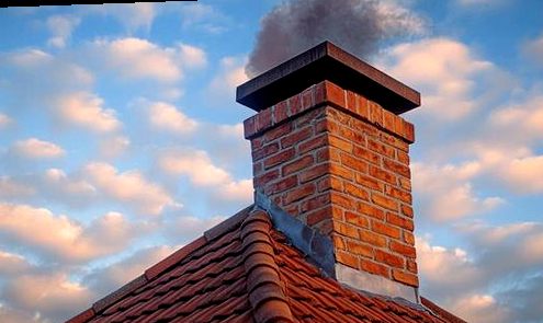 Capped chimney trailing steady smoke in evening light