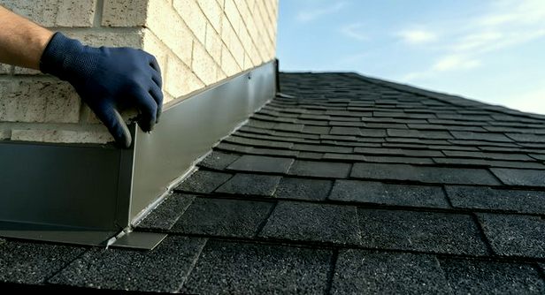 Gloved hands fitting a new flashing line against light brick