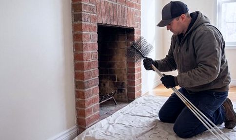 Technician laying out cloths and tools beside a brick fireplace